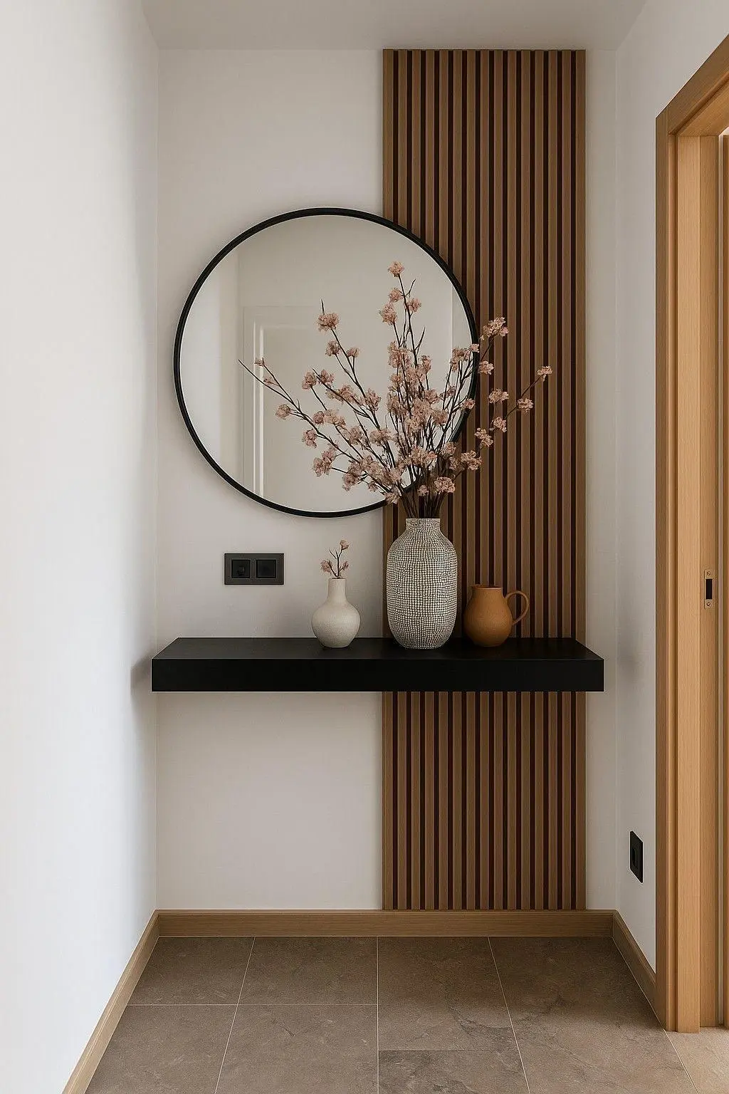Modern Entryway Feature Wall & Floating Shelf – Minimalist Japandi Style
