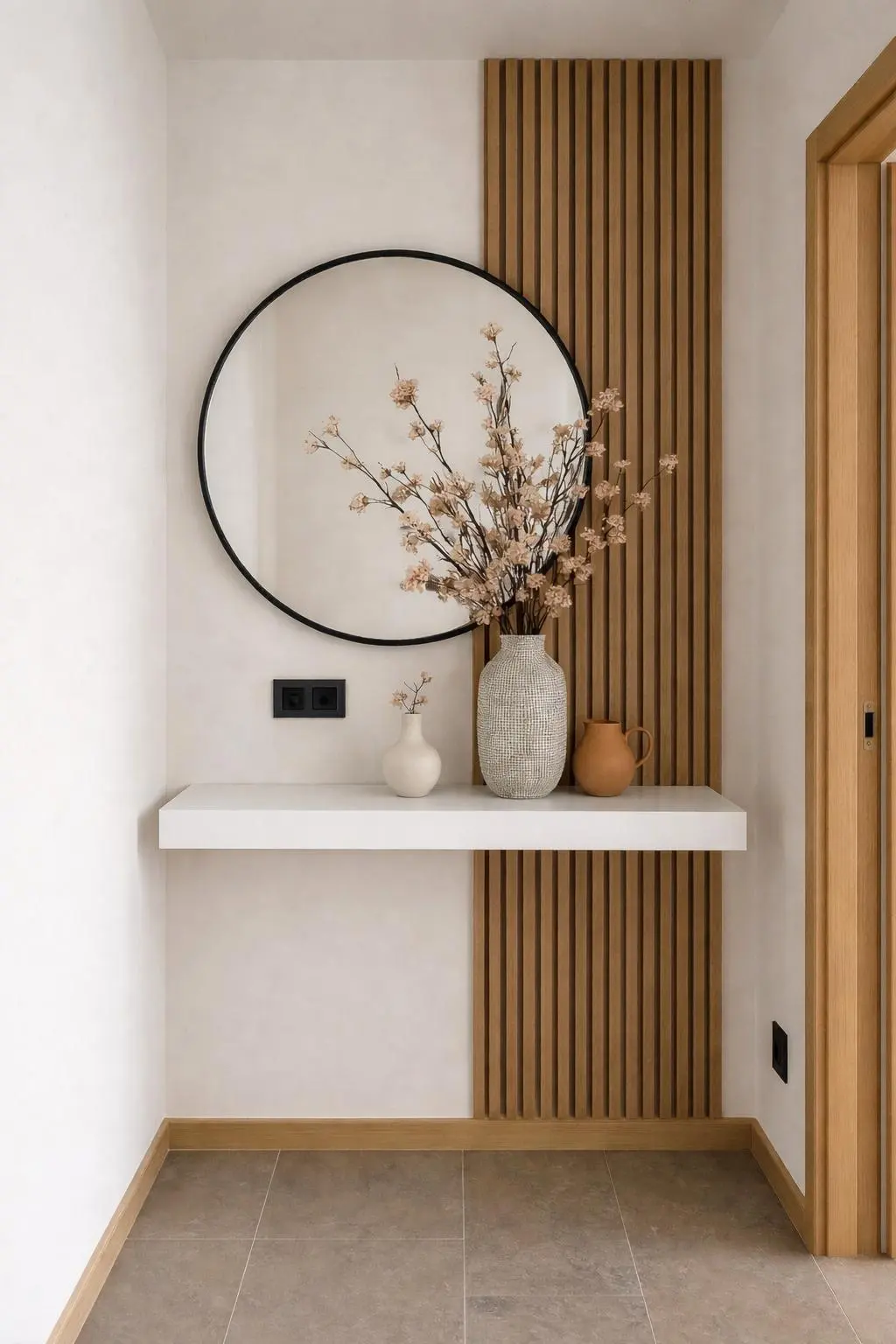 Modern Entryway Feature Wall & Floating Shelf – Minimalist Japandi Style view 4