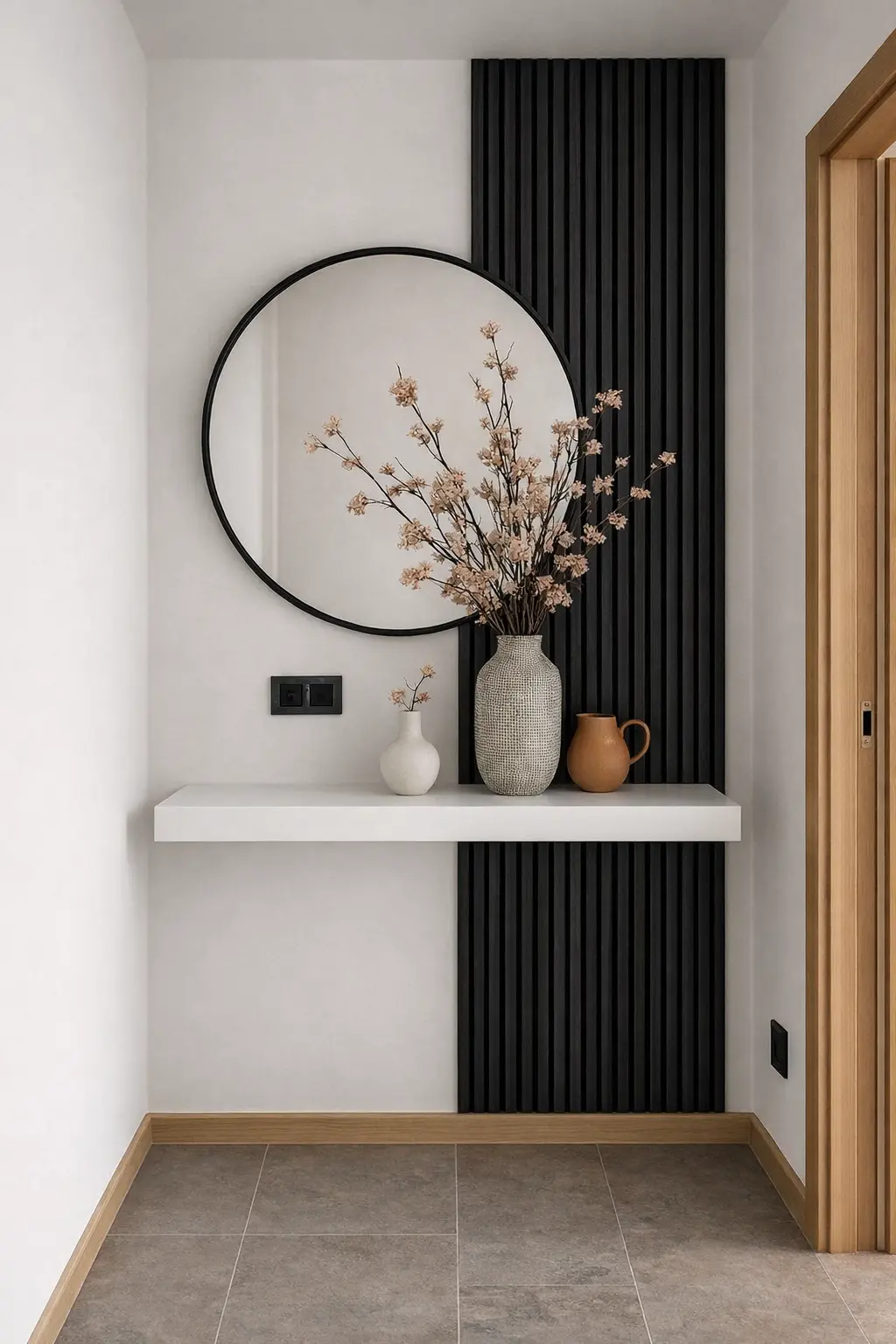 Modern Entryway Feature Wall & Floating Shelf – Minimalist Japandi Style view 3