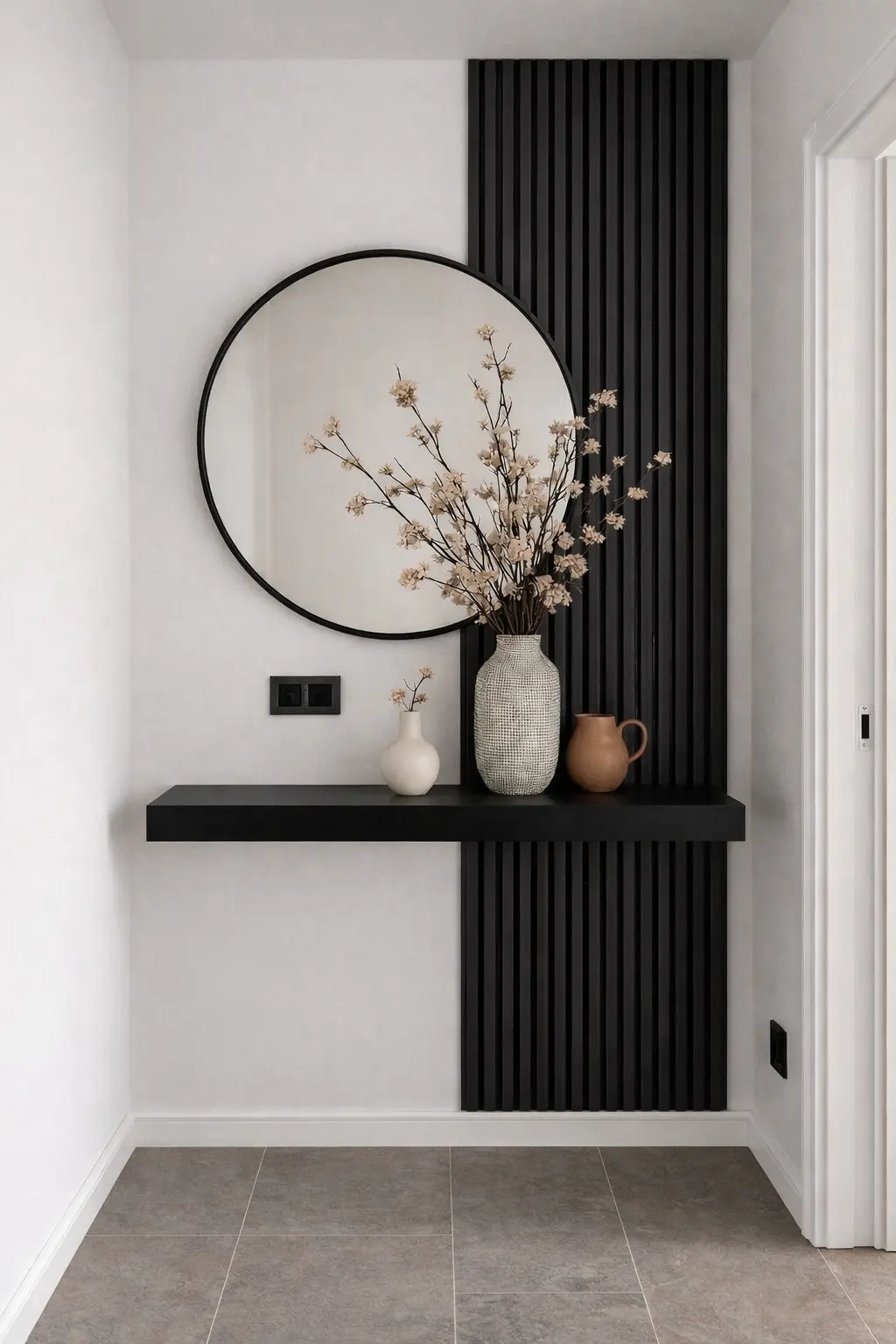 Modern Entryway Feature Wall & Floating Shelf – Minimalist Japandi Style