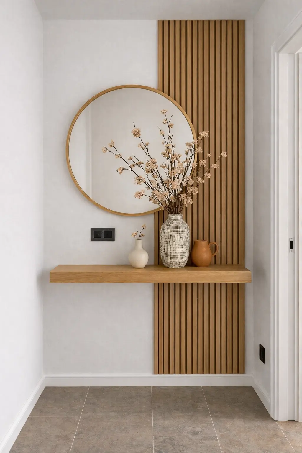 Modern Entryway Feature Wall & Floating Shelf – Minimalist Japandi Style view 2